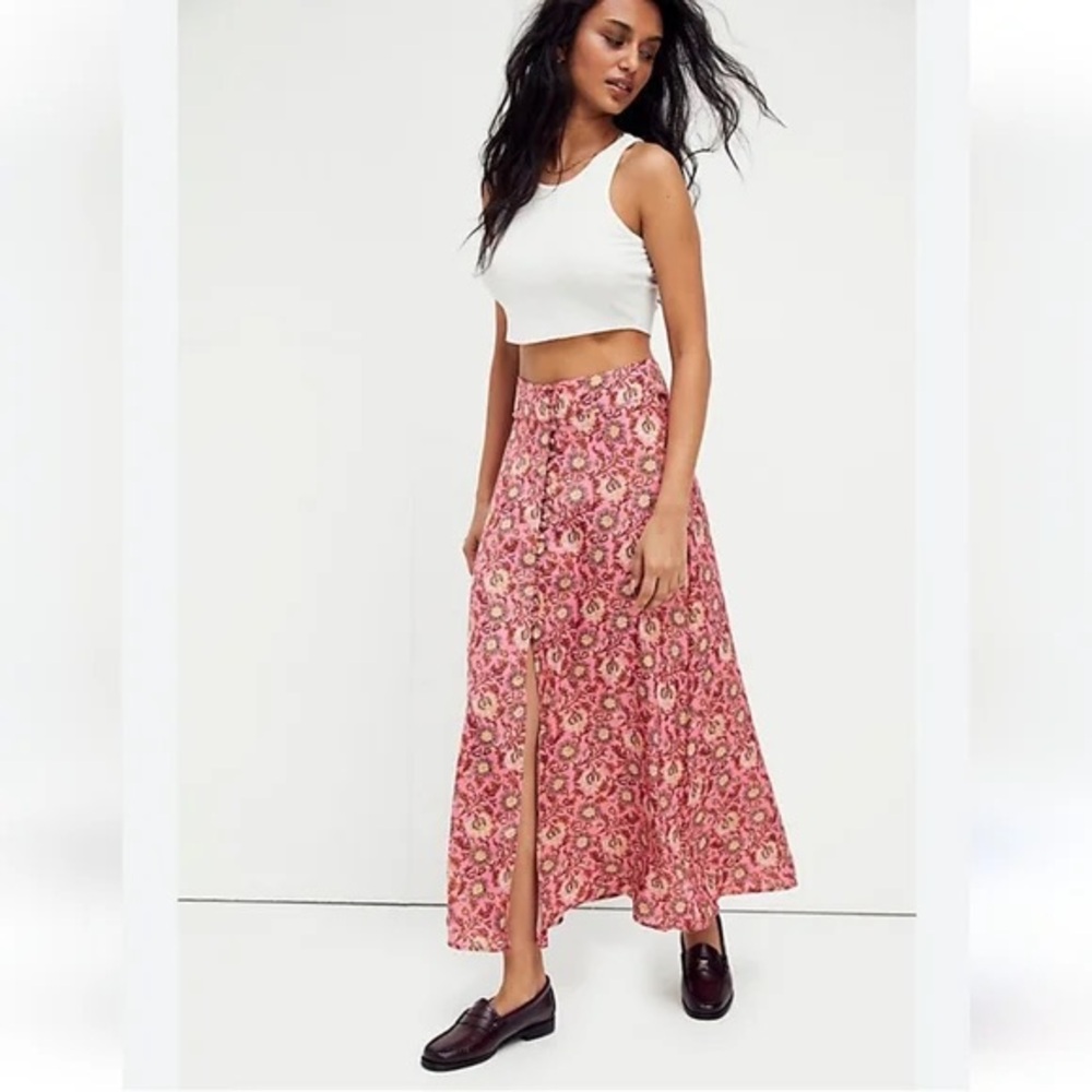 Free People Pink Floral Button-Front Maxi Skirt